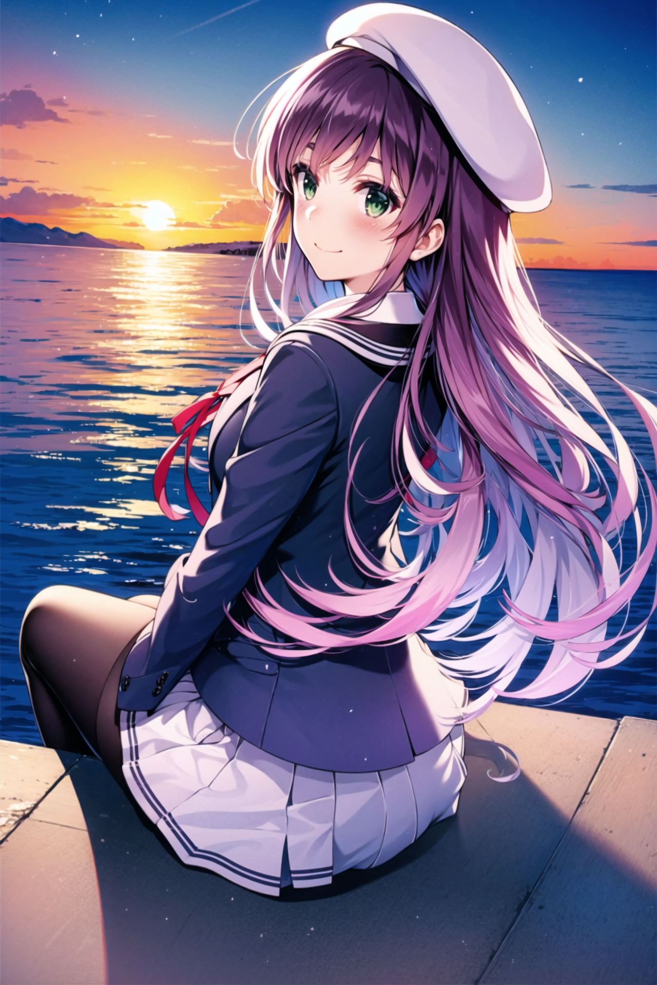 03507-4179011053-MisakiKurehito,1girl, solo, sitting, long hair, hat, pantyhose, skirt, smile, sunset, looking at viewer, outdoors, pleated skirt.png